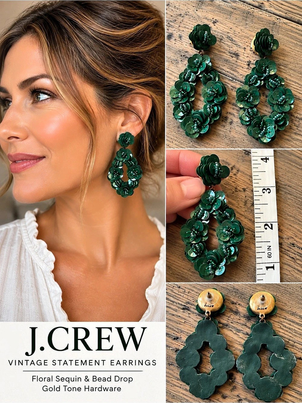 J.Crew Vintage Green Sequin Floral Statement Drop Earrings Beaded